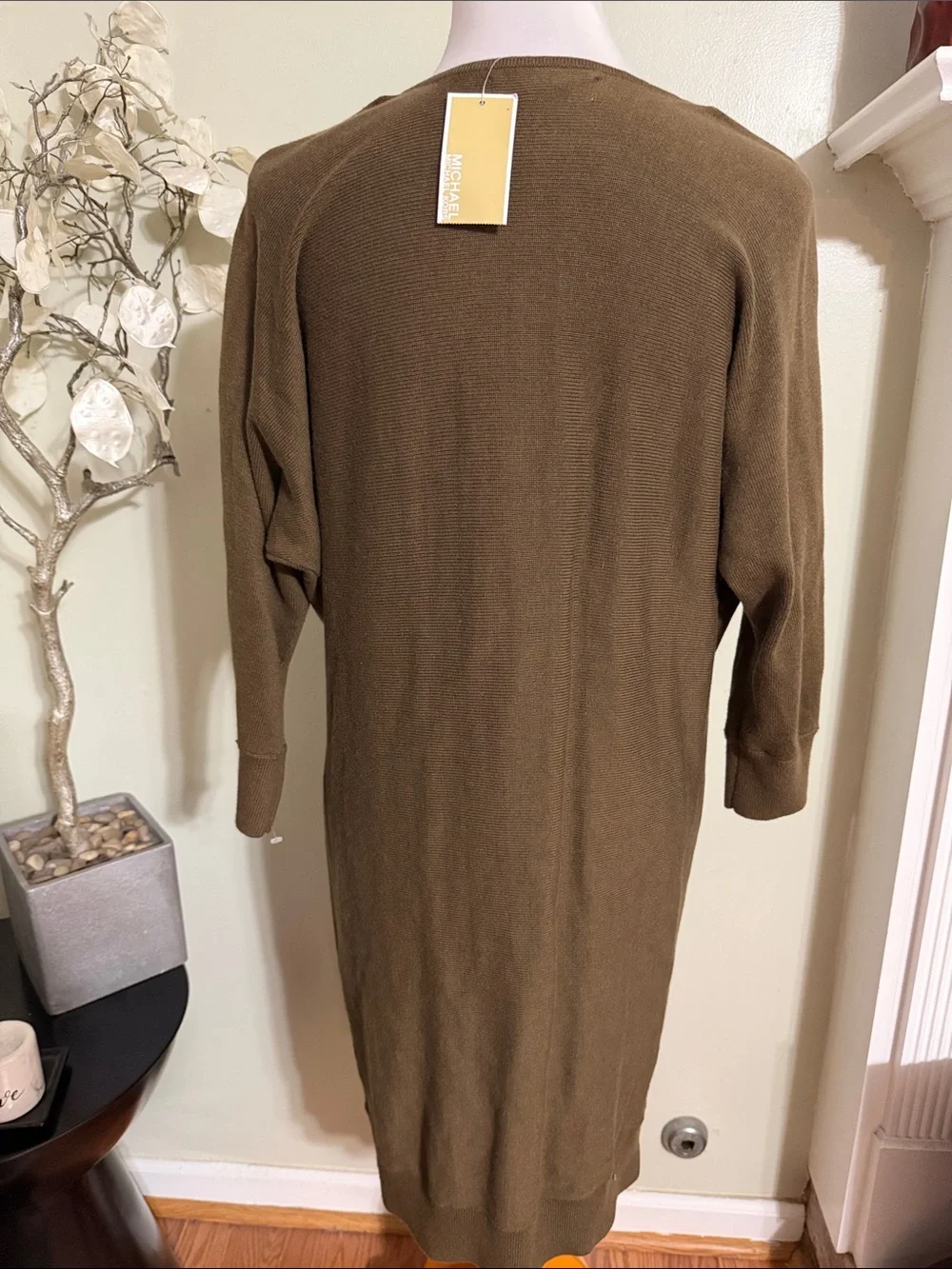 Michael Kors Olive Brown Sweater Dress Long Sleeve Drape Neck